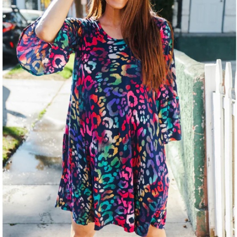 NWT Boutique Cheetah Print Rainbow Dress Hippie Bell Sleeve Medium Flowy Haptics